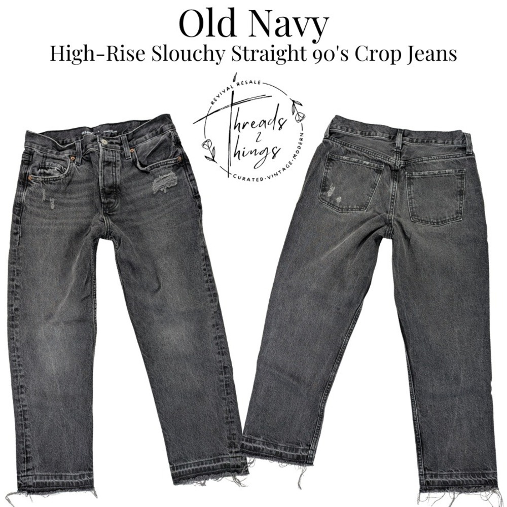 Old Navy Jeans Womens 4 Black Wash Slouchy Straight Cropped 90's Baggy High-Rise